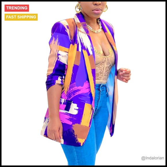 Printed Blazer Jacket Long Sleeve Open Front Casual Multicolor Gradient